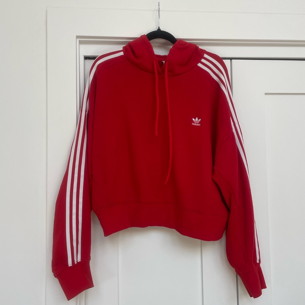 adidas Red Cropped Hoodie with White Stripes